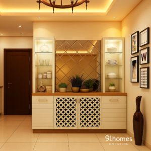 Cream & Wooden Crockery Unit with Lattice Shutters and Mirror Back