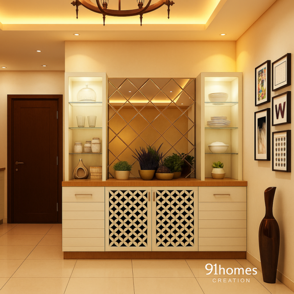 Cream & Wooden Crockery Unit with Lattice Shutters and Mirror Back