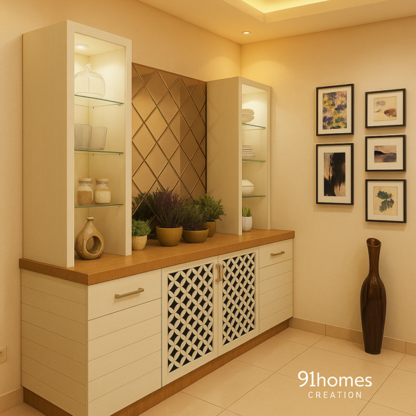 Modern sideboard with glass display cabinets, LED lighting, and decorative wall frames
