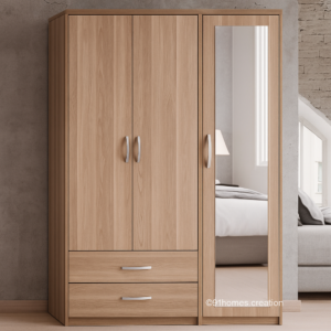 Light wood 3-door wardrobe with mirror and silver handles in matte finish.