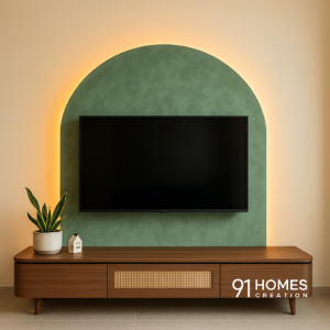 Sage Green Arched Panel TV Unit against a muted wall backdrop