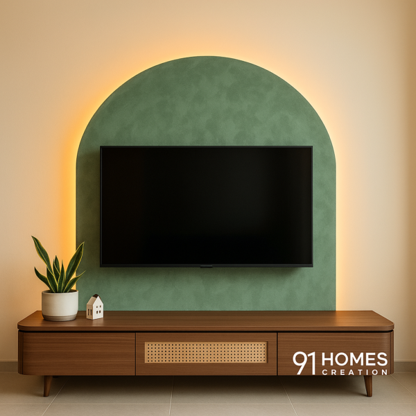 Sage Green Arched Panel TV Unit against a muted wall backdrop