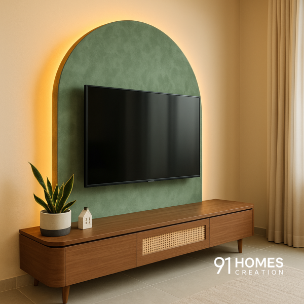 arched sage green tv console with natural wood texture