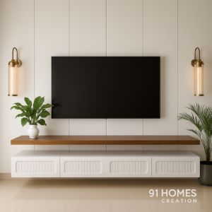 contemporary white tv unit with wooden top and ribbed drawers