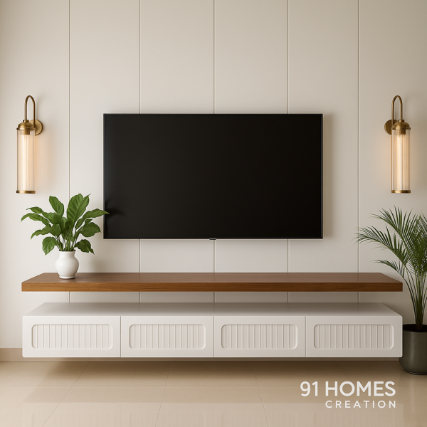 contemporary white tv unit with wooden top and ribbed drawers