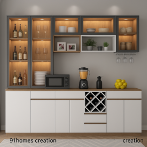 White & Wooden Matte Crockery Unit with LED Glass Cabinets
