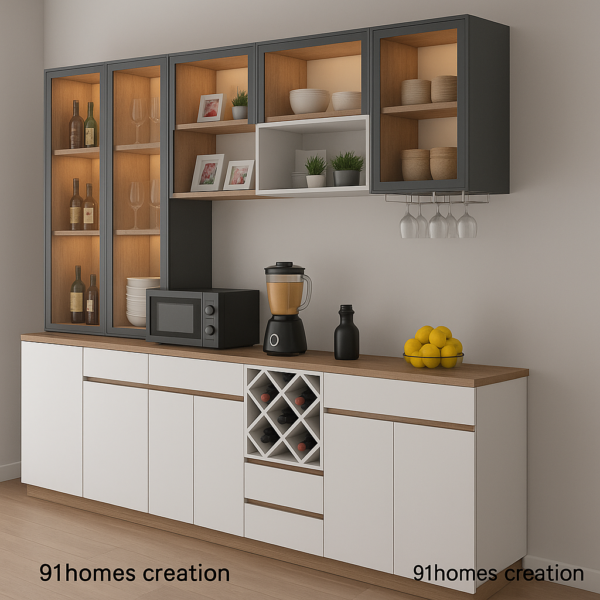 Side angle view of contemporary kitchen cabinet with wine rack and matte finish