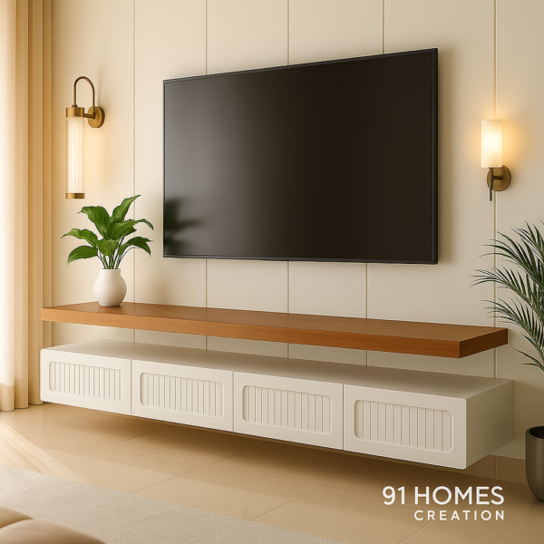 contemporary white tv unit with wall-mounted design and wood finish