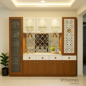 Walnut & White Crockery Unit with Mirror Backsplash and Jaali Panel