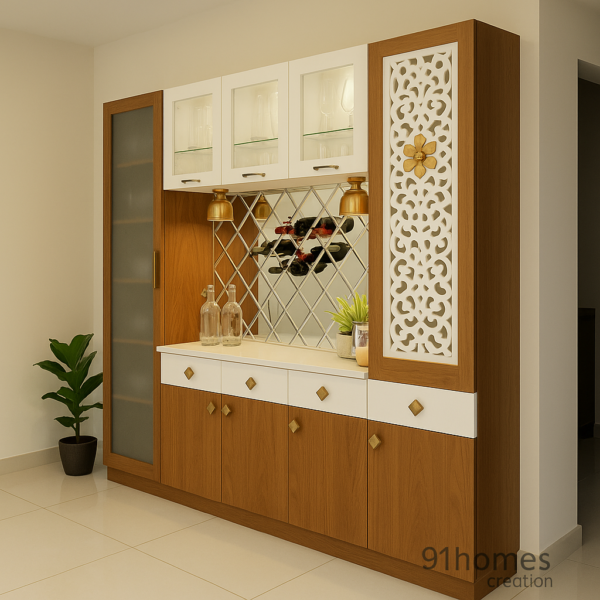 Contemporary bar-style cabinet with frosted glass doors and decorative jaali panel