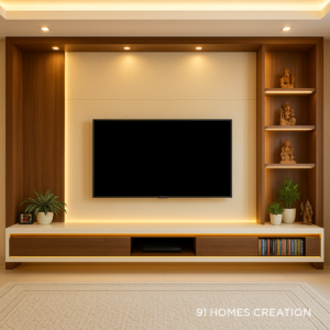 tv cabinet with spotlight shelving in wooden finish and backlighting