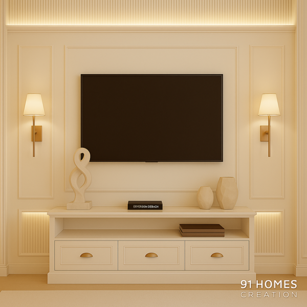 cream-toned tv cabinet with fluted wall panels and warm sconces