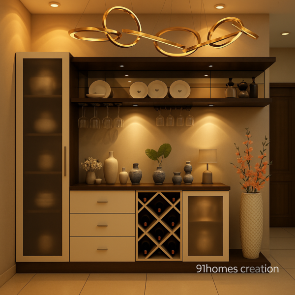 Modern cream and walnut crockery unit with glass shelves and wine rack.