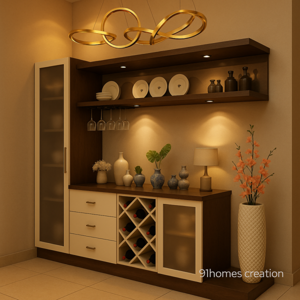 Contemporary bar-style storage cabinet with LED lighting and ceramic decor.
