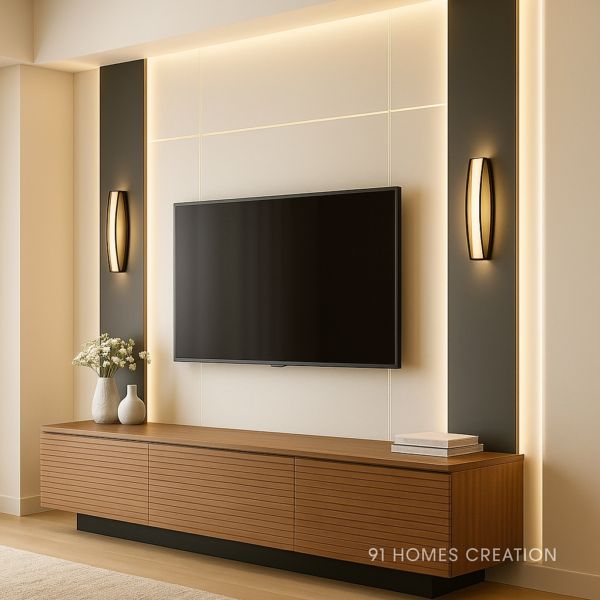 grooved wood tv console with led lights and floating storage base