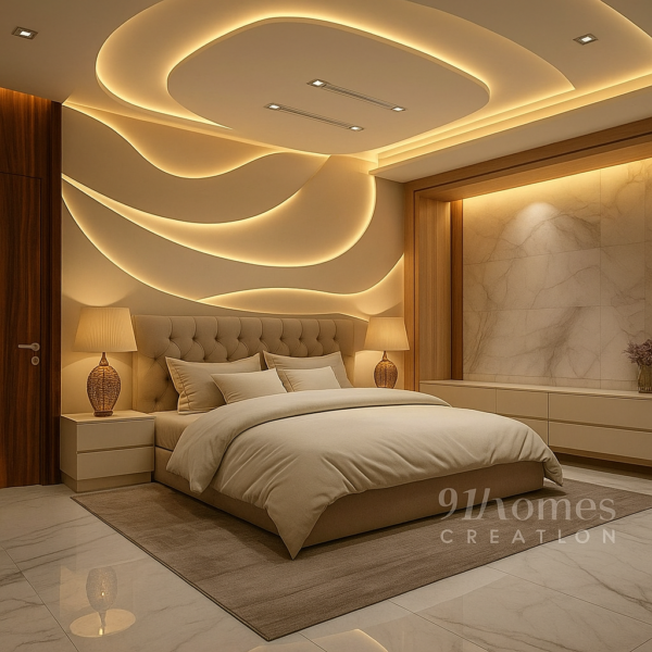 Curved panel ceiling panels with golden LED lighting in modern bedroom