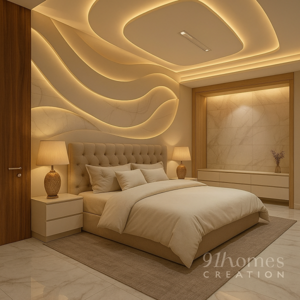 Elegant gypsum false ceiling with wavy design and warm cove lights