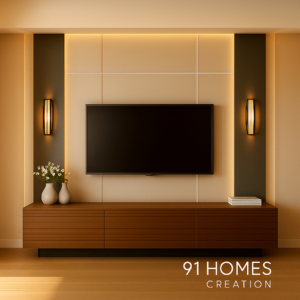 grooved wood tv console in japandi style with matte black accents