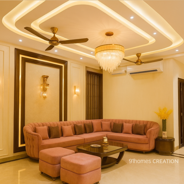 Luxurious ceiling design with warm cove lighting, golden fan, and tufted pink sofa