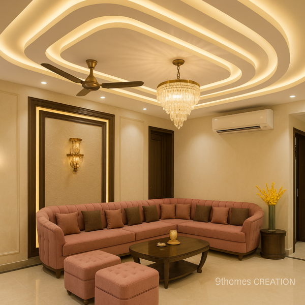 Gold accents ceiling with layered curves and crystal chandelier in beige living room