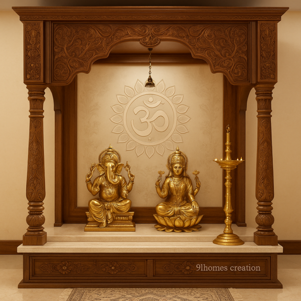 "Front view of dark wood mandir with carved arch and brass idols"