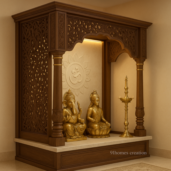"Side-angle of square wooden mandir with Ganesha Lakshmi idols and OM backdrop"