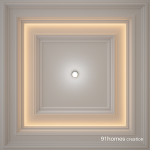 Beige square false ceiling with gypsum tray and warm LED lights