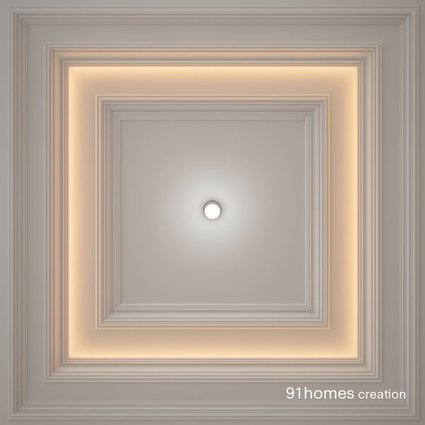 Beige square false ceiling with gypsum tray and warm LED lights