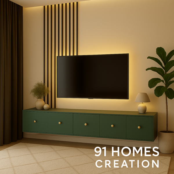 Wall-mounted Matte Green TV Console featuring modern handleless design.