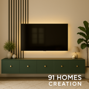 Matte Green TV Console with vertical fluted panel and floating drawers.