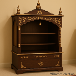 Dark Brown Wooden Mandir with Gold Motifs and matte finish