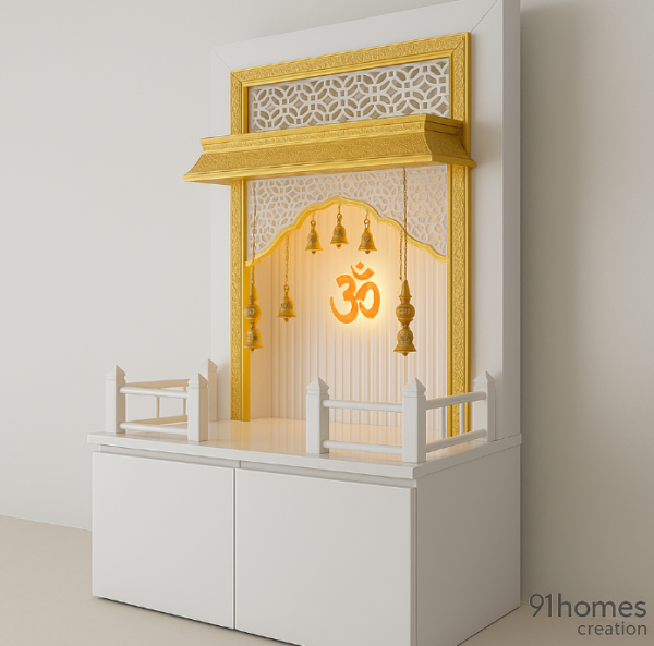 Square-shaped modern puja unit in matte white finish with golden carved jaali frame.