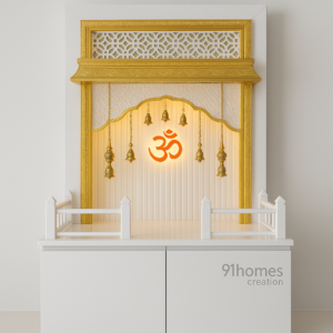 White Square Wooden Mandir with Golden Bells and glowing OM symbol.