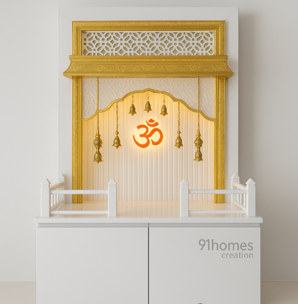 White Square Wooden Mandir with Golden Bells and glowing OM symbol.