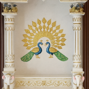 White Marble Mandir with Peacock Detailing and gold finish.