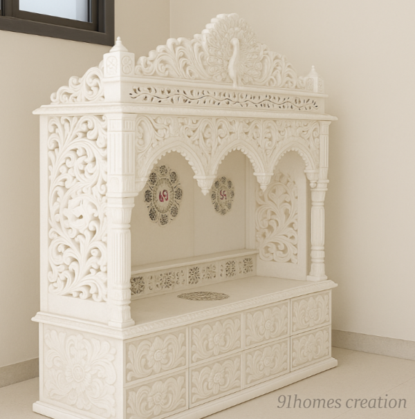 Square-shaped matte finish pooja unit with "Om" symbol and pillars.