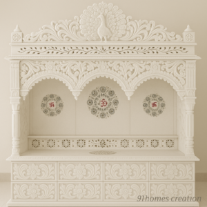 White Square Wooden Mandir with Peacock Carving floral and peacock motifs.