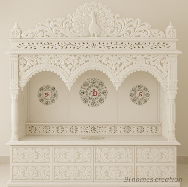 White Square Wooden Mandir with Peacock Carving floral and peacock motifs.