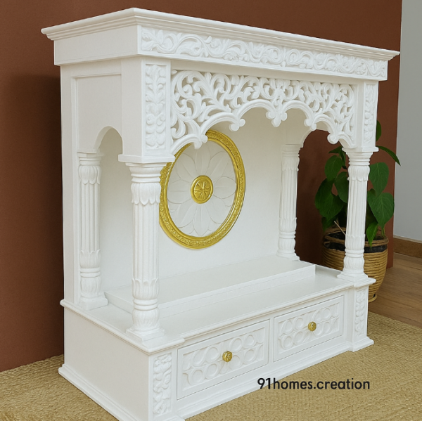 Square-shaped PU finish temple with pillars and drawer storage