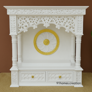 White Square Wooden Mandir with Golden Lotus and round medallion.