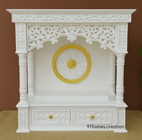 White Square Wooden Mandir with Golden Lotus and round medallion.