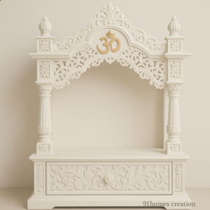 Square White Wooden Mandir with Golden Om and drawer