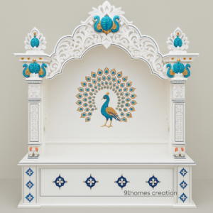 White Square Wooden Mandir with Floral Arch and matte finish.