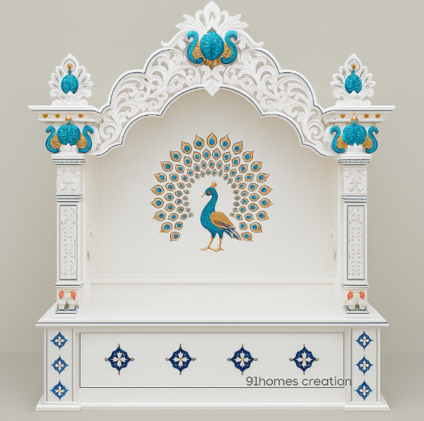 White Square Wooden Mandir with Floral Arch and matte finish.