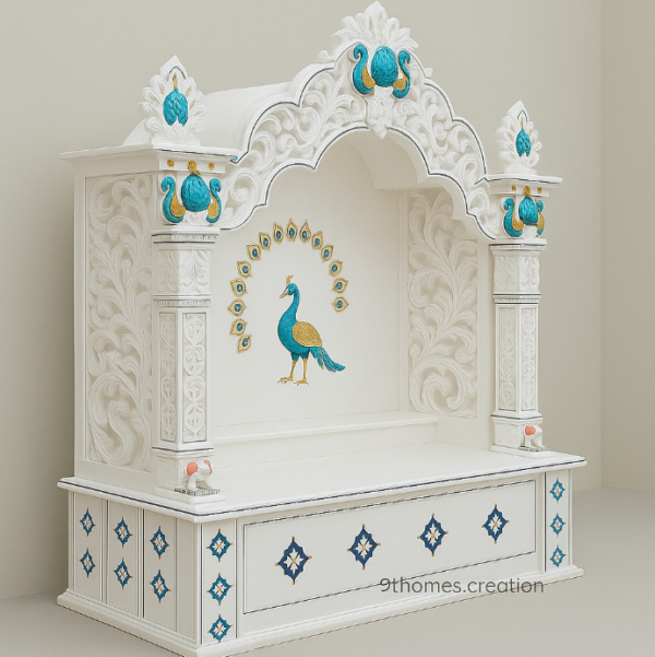Intricately designed square temple with carved arch, CNC jaali, and hand-painted peacock.