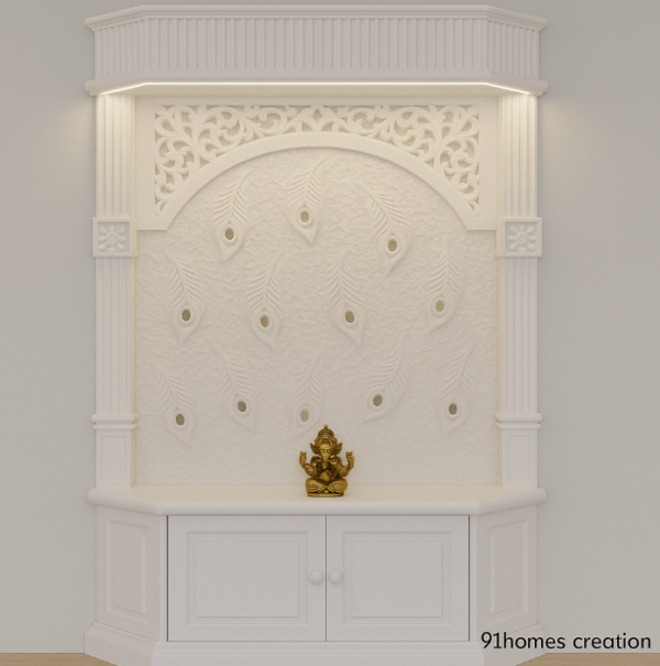 White Wooden Mandir with Feather Back and LED lighting