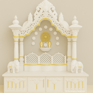 White and Gold Wooden Mandir with Arch and carved pillars.