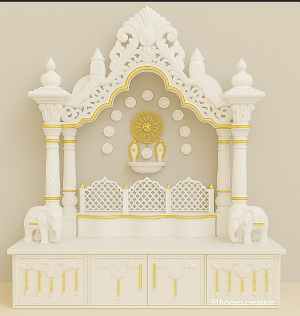 White and Gold Wooden Mandir with Arch and carved pillars.