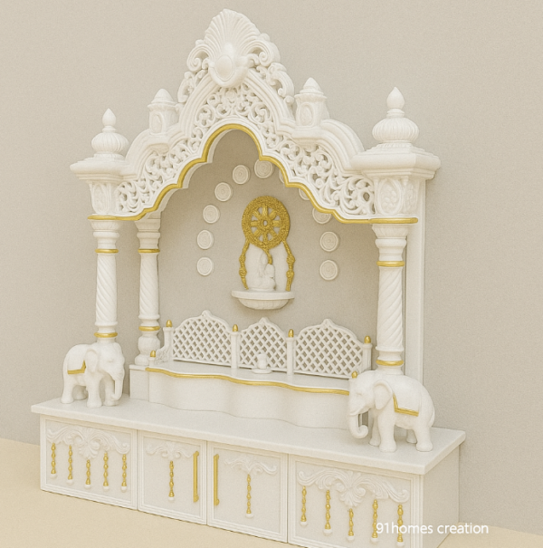 Intricately carved home mandir with glossy white PU polish and storage drawers.
