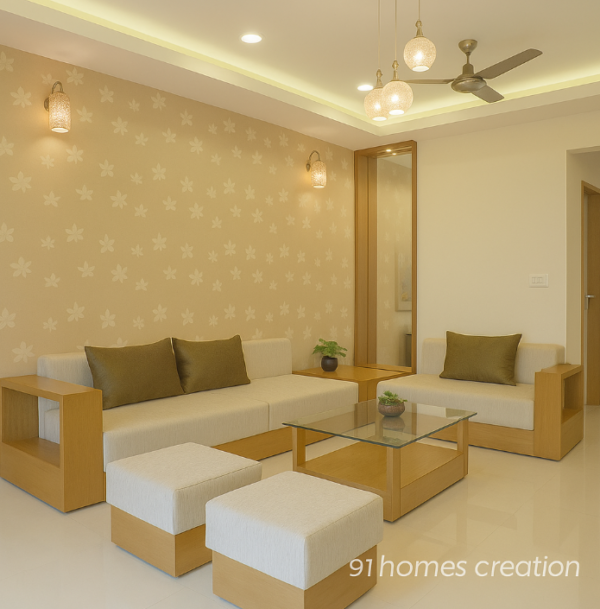 Modern L-shaped wooden seating in cream and light brown theme interior